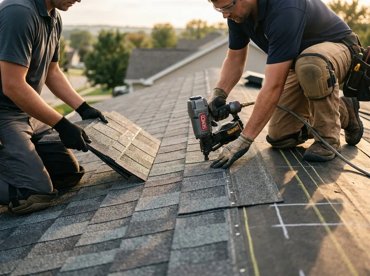 Professional roofer working on a residential roof in Muncie